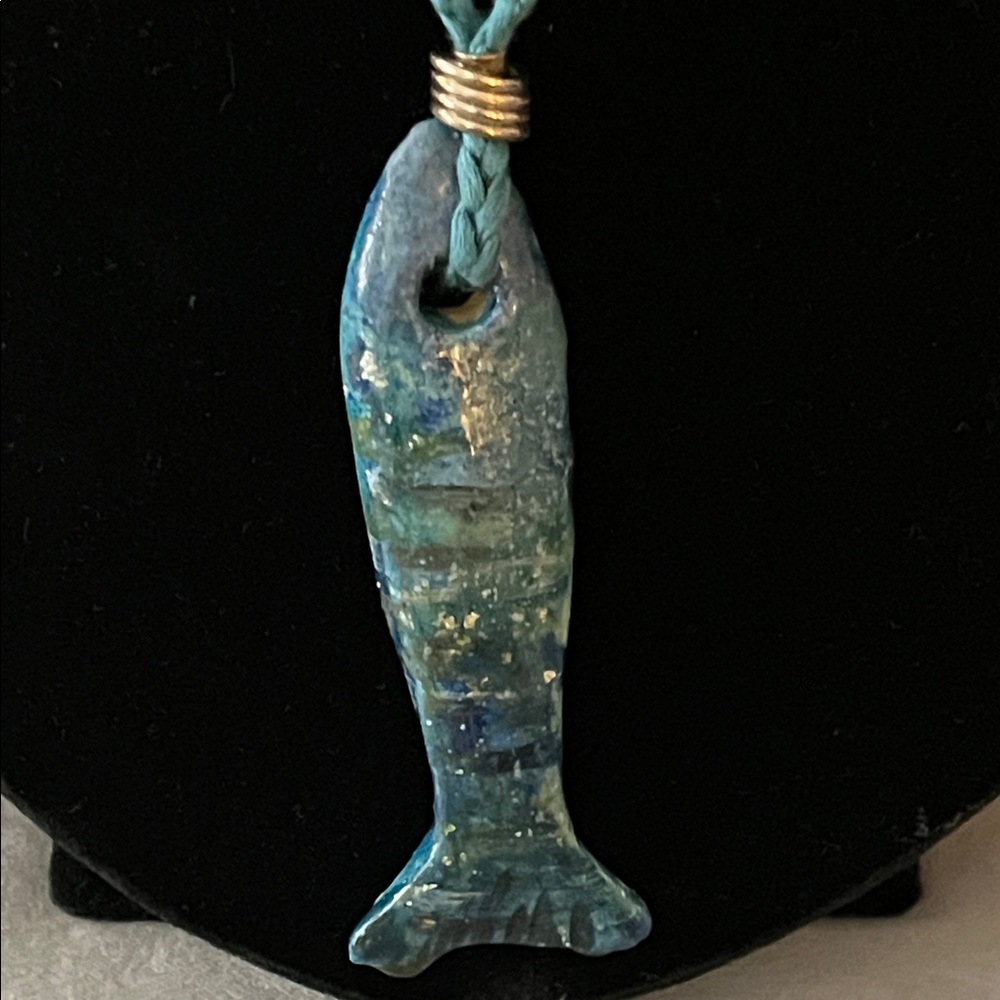 Handmade & Painted Greek Ceramic Blue Fish Pendant on a Braided Cord - Picture 2 of 6
